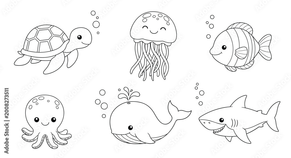 Fototapeta premium Set of sea creatures including a turtle, whale, and shark in a black and white line art style for coloring activities.