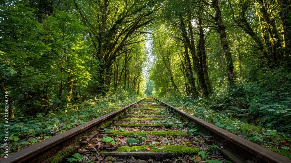 Obraz premium Parallel railway tracks stretch through dense woodland under dappled sunlight