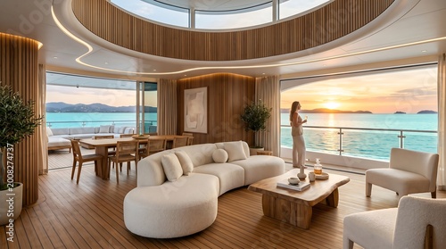 Luxury yacht interior with ocean view