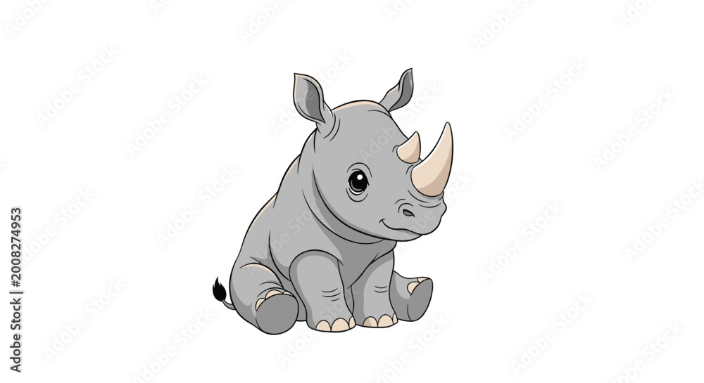 Fototapeta premium Cute baby rhinoceros sits calmly with a small smile and large horns on a simple white background in this sweet animal illustration.