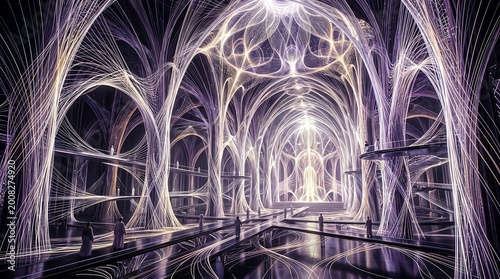Futuristic purple tunnel with glowing lines and arches