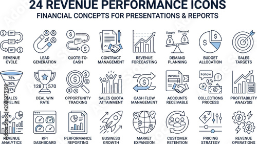 Revenue performance icons, financial concept symbols, business presentation graphics, report elements