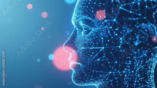 Digital wireframe human head representing artificial intelligence and data networks on an abstract blue background
