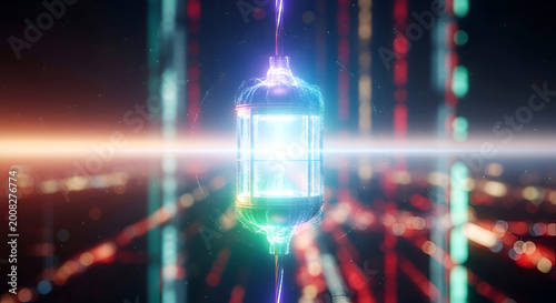 Glowing blue light in digital cityscape.