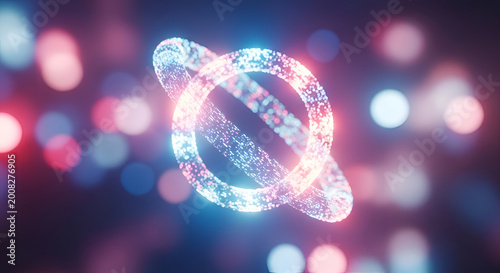Glowing digital planet with rings technology.