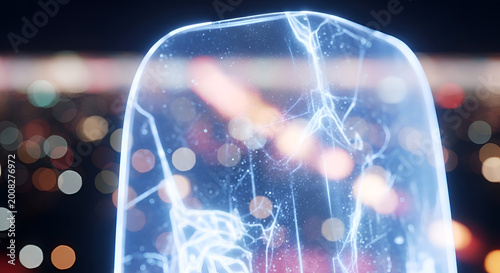 Glowing blue glass object with bokeh.