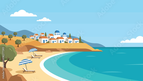 Foto Village Mediterranean Beach Flat Design Illustration