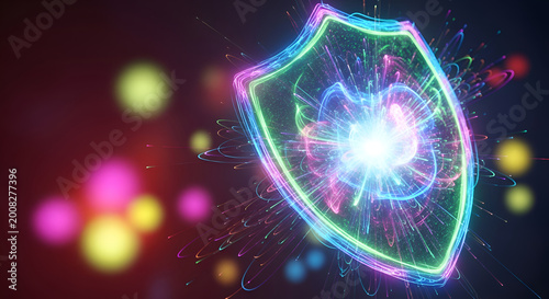 Glowing neon shield with bright lights.