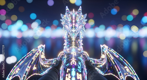 Dragon sculpture with glowing lights.