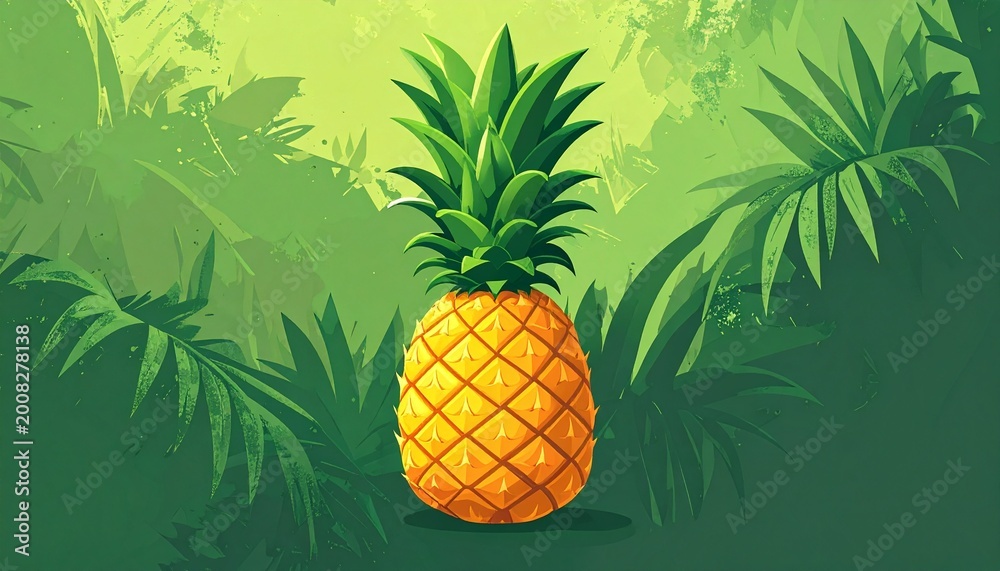 vibrant whole pineapple on lush tropical green foliage background with warm lighting