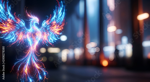 Mythical Phoenix Bird in City Night.