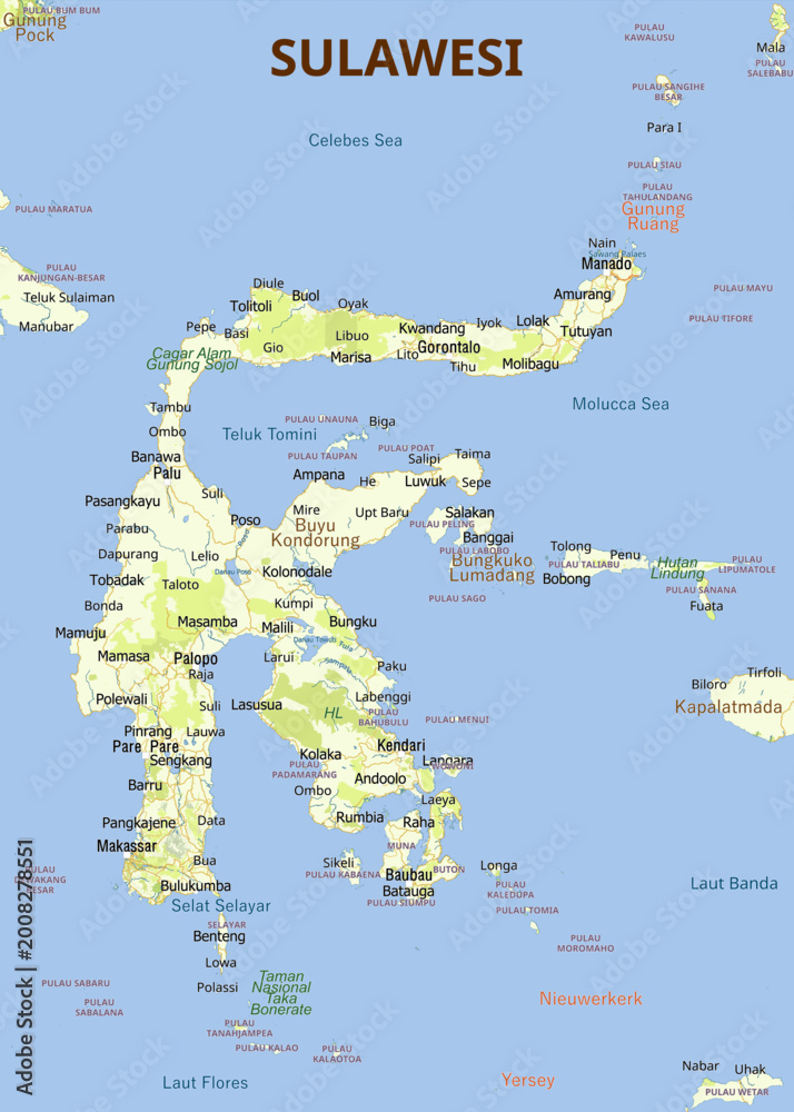 Fototapeta premium Comprehensive geographic and topographic map of Sulawesi, Indonesia, detailing major cities, mountain ranges, and surrounding maritime features.