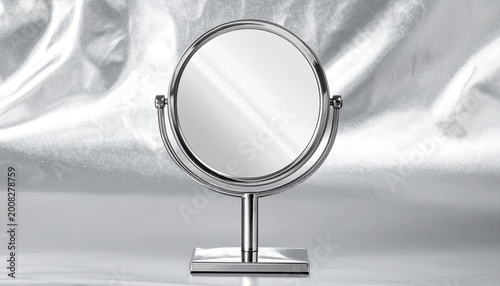 elegant round vanity mirror on silver stand minimalist reflection close-up