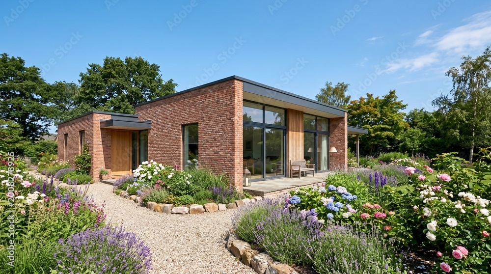 Fototapeta premium A modern brick house with large windows, surrounded by a lush garden filled with colorful flowers and winding stone paths.