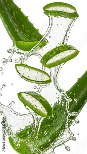 Fresh aloe vera slices splashing water isolated on transparent background