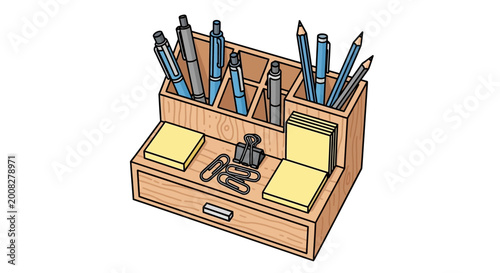 Tableau sur toile Wooden desk organizer with office supplies.