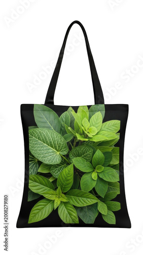 Green leaves pattern tote bag isolated on transparent background