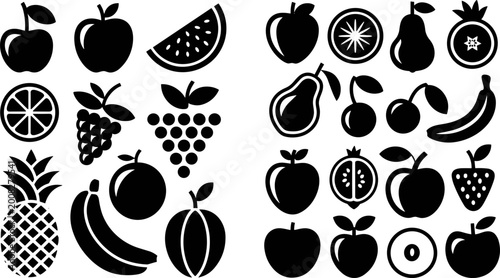 Black fruit silhouette icon collection in three size variation panels with apple orange banana pineapple grape and tropical fruit set vector illustration
