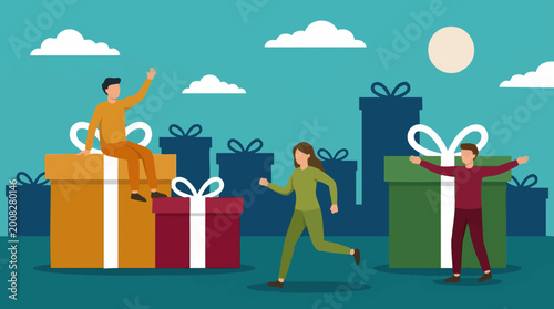 Fotografie People with giant gifts illustration, shopping, celebration, flat design