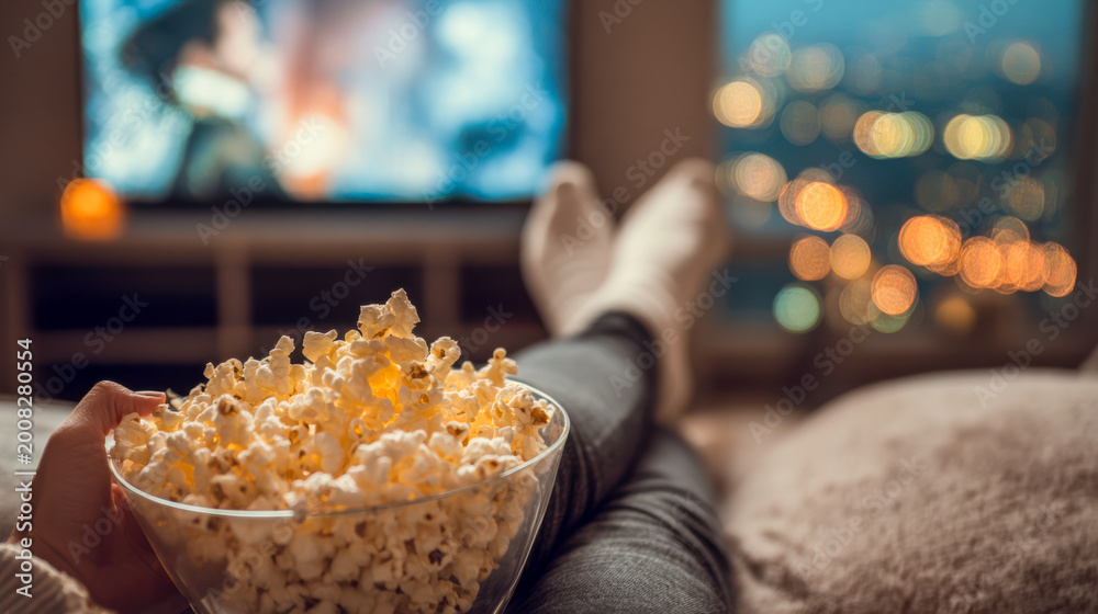 Enjoying movie night at home with popcorn and television