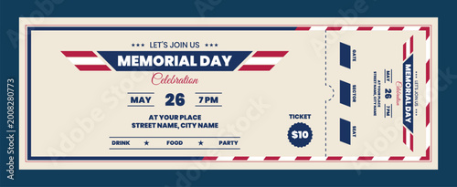 Memorial day ticket template. Ticket card design for national holiday.