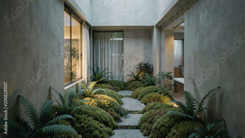Serene modern courtyard with lush greenery and minimalist concrete architecture