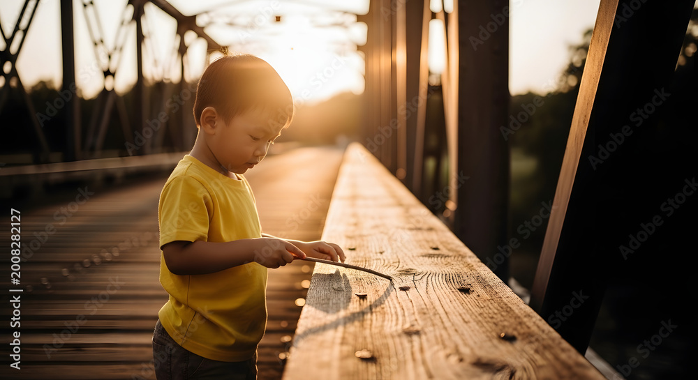 Fototapeta premium A young boy in a yellow shirt stands on a wooden bridge, looking down at something he is holding.
