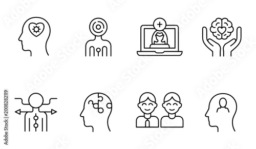 Vector set showing mental health and wellness concepts including therapy and support