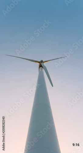 Sustainable wind turbine against clear sky, renewable energy concept, low angle view of wind power generator, clean electricity production