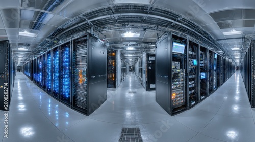 Row after row of server racks in a modern data center with cool blue lighting