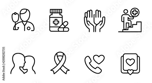 Vector of various health and medical care icons in a clean line art style.
