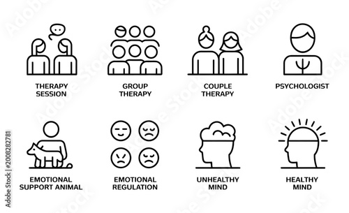 Vector illustrating various types of therapy and mental health concepts with icons
