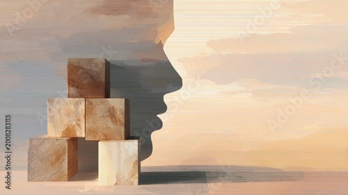 Pastel silhouette with ADHD blocks: a calm illustration of focus and attention in the mind