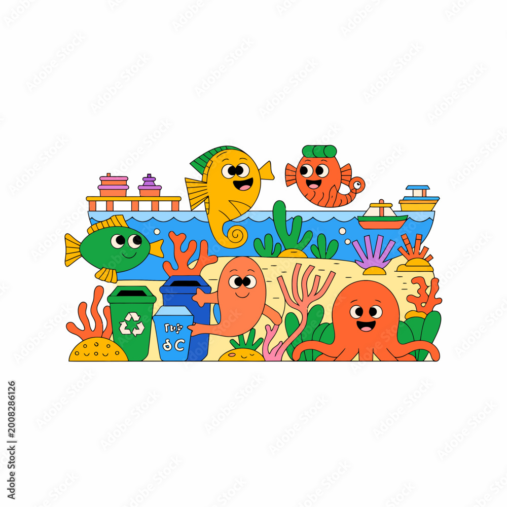 Fototapeta premium Vibrant underwater ocean scene with happy cartoon sea creatures and recycling bins promoting environmental conservation and sustainability for kids education concept art