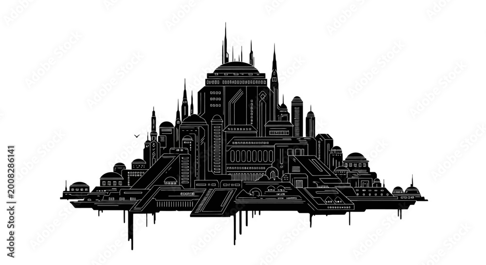 Fototapeta premium Futuristic city silhouette with architectural towers on white background