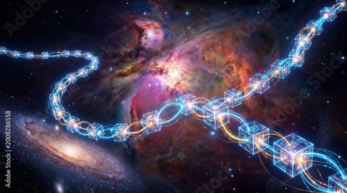 Obraz na płótnie Abstract blockchain technology concept showing glowing cubes linked in outer space nebula.
