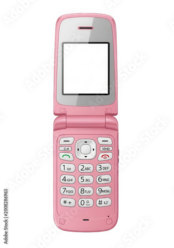 Pink flip mobile phone with heart designs isolated on transparent background
