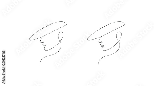 Woman's Face with Hat - Line Art Vector.