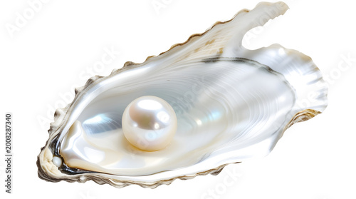 Open oyster with pearl isolated on white background