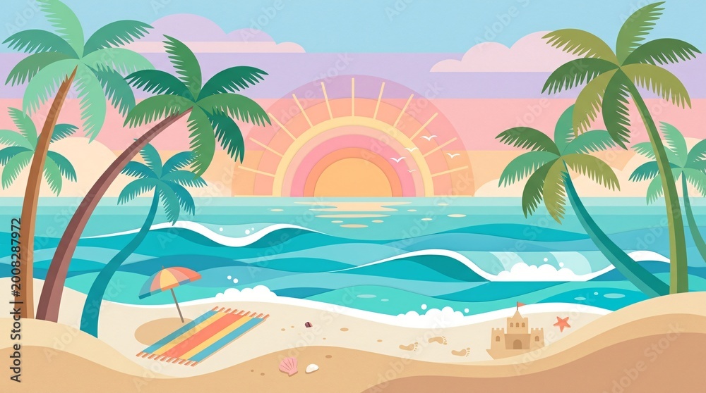 Obraz premium Tropical beach paradise at sunset with palm trees vibrant ocean waves and sandy shore