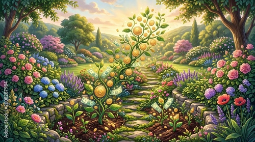 Magical money tree growing in lush vibrant garden path with flowers and warm sunny morning light.