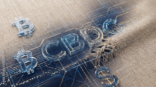 Transparent digital blockchain symbols and letters representing central bank digital currency.