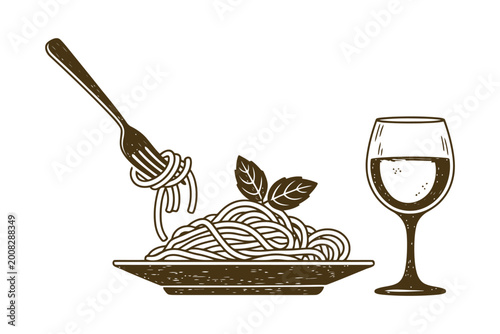 Black and white line of spaghetti being twirled with a fork and wine glass