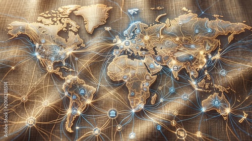 Global financial network concept world map with glowing connections and iconic symbols displayed.