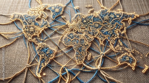 World map illustrating a complex financial network with knotted ropes and glowing icons.