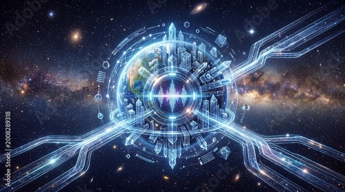 Digital communication network connecting Earth cities within global technology space environment.