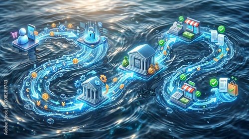 Abstract financial flow with banks and digital commerce icons on blue swirling water waves.