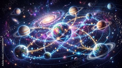 Stellar network connecting planets in colorful galaxy with glowing orbits and cosmic lights.