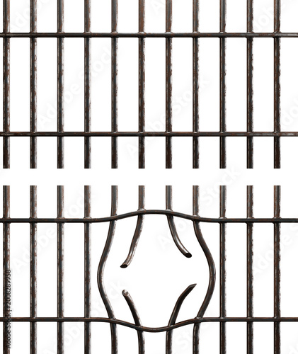 Canvastavla Rusty prison bars with broken section forming an escape opening symbolizing conf