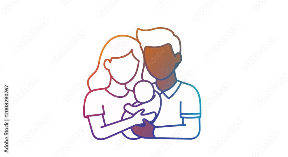 Fototapeta premium Diverse family holding newborn baby, love, unity, new life, parenthood, colorful outline illustration